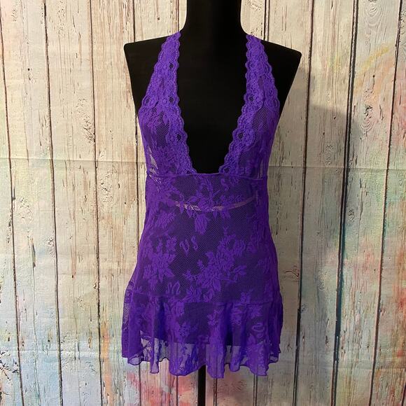 Victoria's Secret Other - Victoria's Secret Babydoll Womens Medium Purple Halter V-String Lingerie Lace